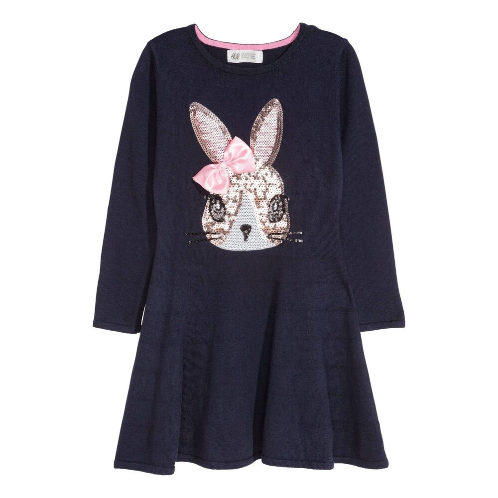 NWT H&M Navy Knit Sequin Bunny Long-sleeved Dress 134-140 cm 8-10 Years easter